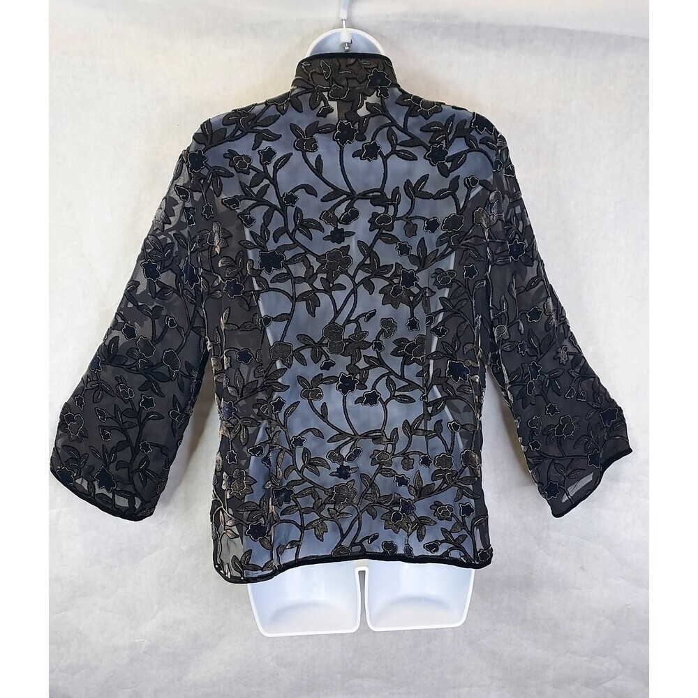 Anis A Velvet Burnout Blouse Women S Silk Floral Black Asian Inspired Frog Clasp - Picture 3 of 16